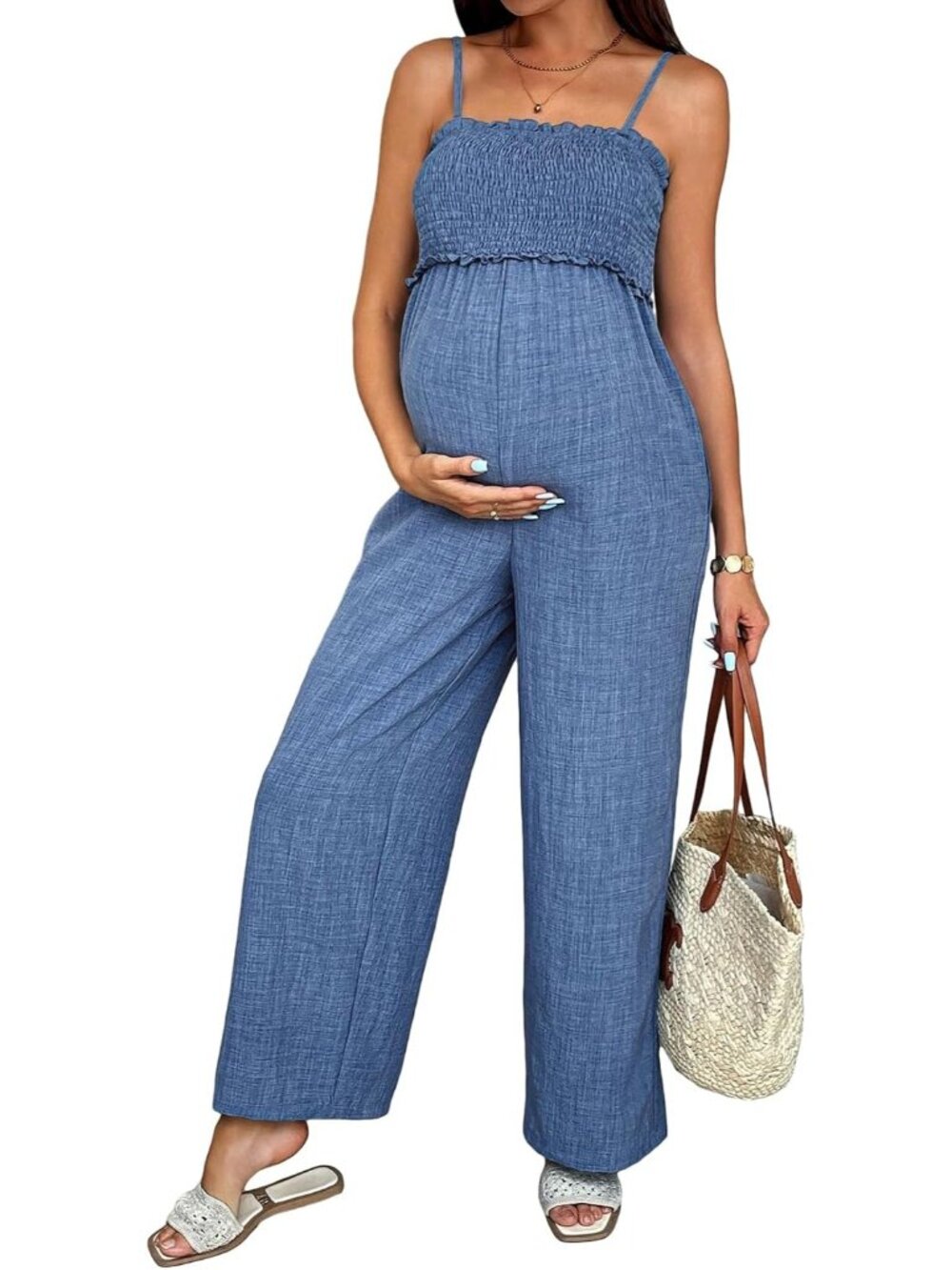 Women's Dusk Blue Smocked Maternity Jumpsuit Loose Overalls Pockets Jumpsuits